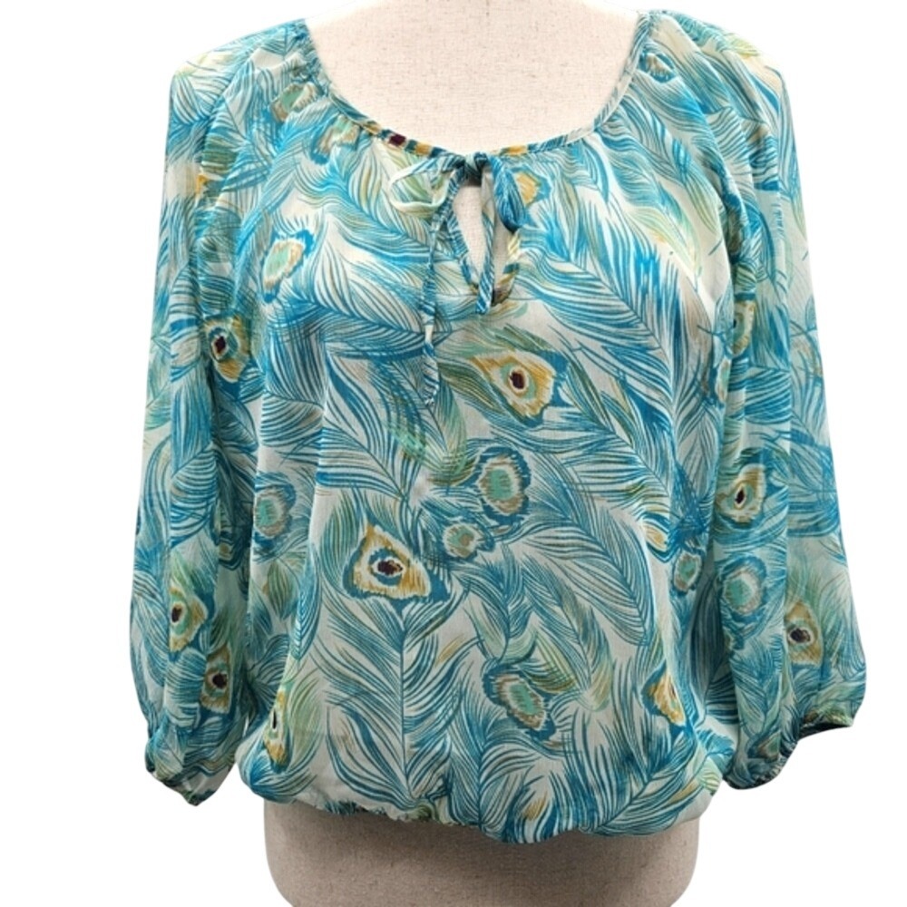 Divided H M Womens Blouse Top Peacock Feather Print Tie Neck‎ Boho Sheer Size 6